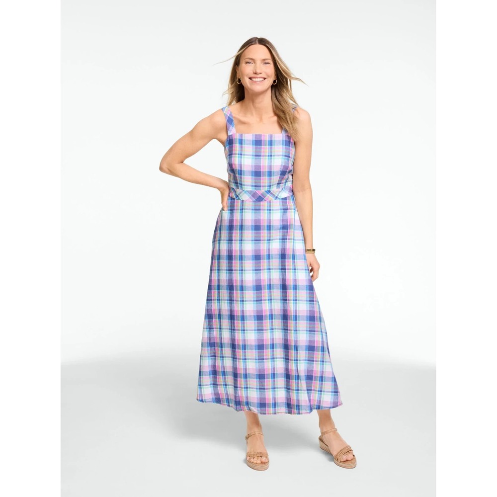 Talbots Sleeveless Fit & Flare Midi Maxi Square Neck Dress in Fresh Madras 2